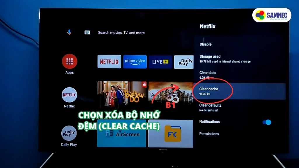 Chọn xóa Xóa bộ nhớ đệm (Clear Cache) trên tivi Sony