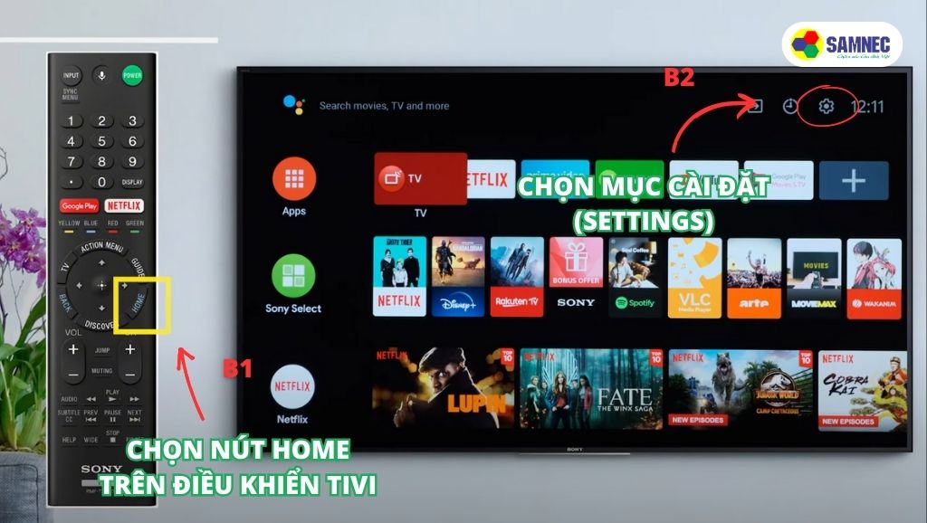 Bấm nút Home trên điều khiển và chọn mục Cài đặt (Settings) trên tivi Sony
