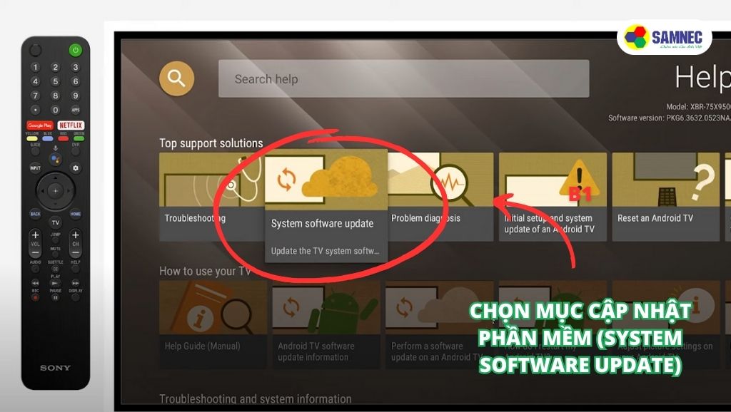 Chọn mục Cập nhật phần mềm (System software update) trên tivi Sony