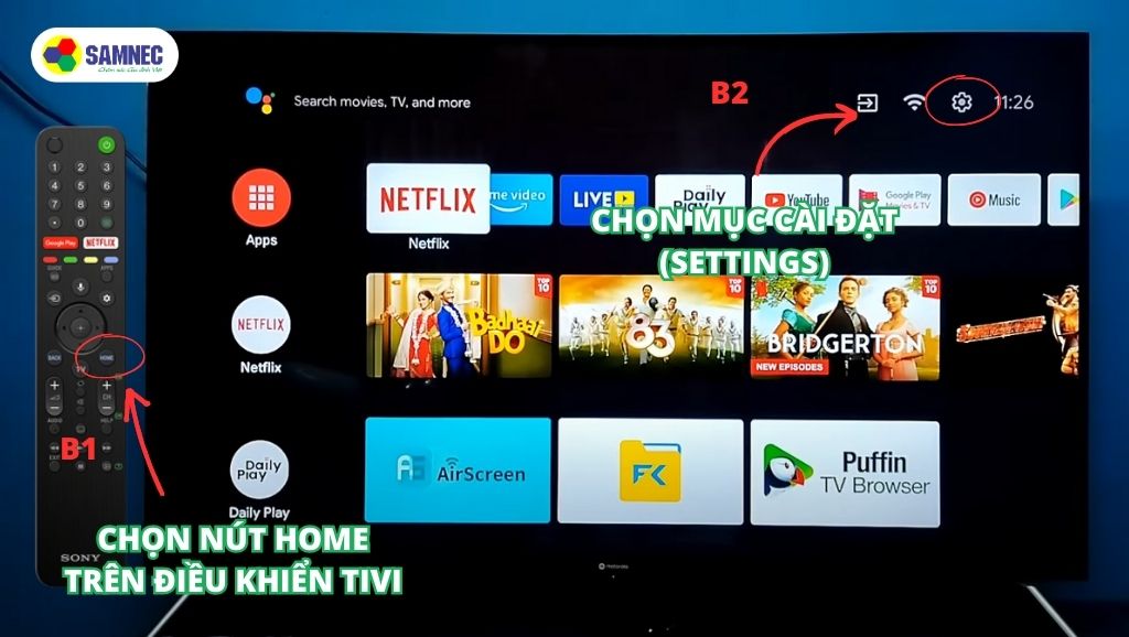 Bấm nút Home trên điều khiển và chọn mục Cài đặt (Settings) trên tivi Sony