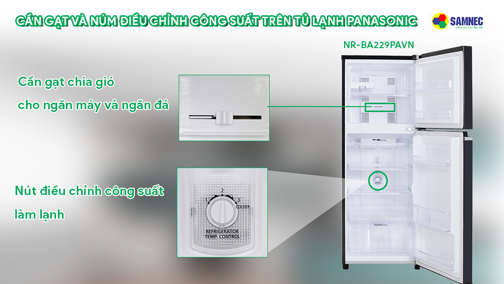 Hướng dẫn điều chỉnh nhiệt độ tủ lạnh Panasonic với cần gạt và núm điều chỉnh công suất