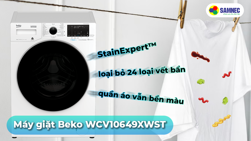 Máy giặt Beko Inverter WCV10649XWST loại bỏ 24 loại vết bẩn