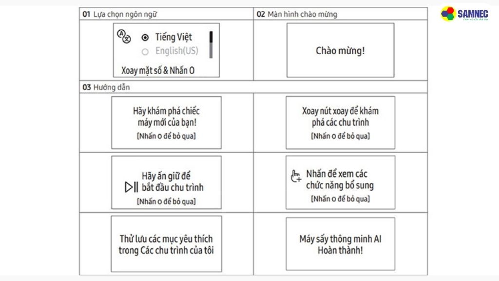 Hướng dẫn thiết lập ban đầu cho máy sấy quần áo Samsung
