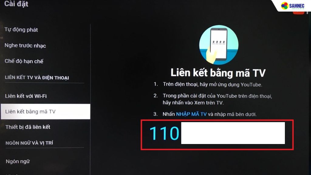 Mã tivi sẽ hiện trên màn hình
