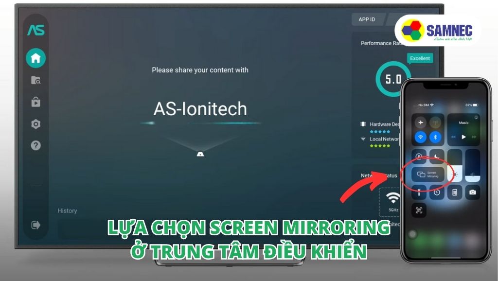 Lựa chọn Screen Mirroring trong trung tâm điều khiển của Iphone