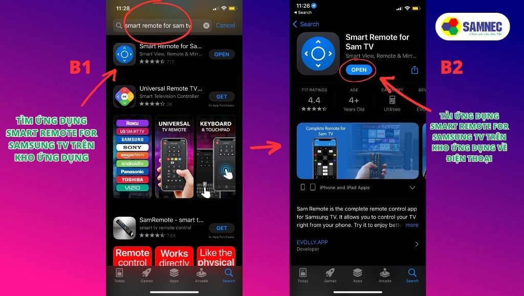 Tải xuống ứng dụng Smart Remote for Samsung TV từ Google Play Store hoặc Apple App Store