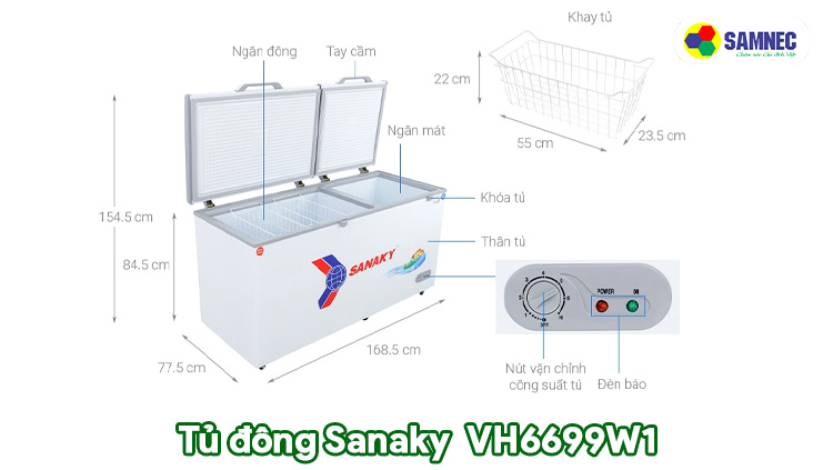 Kích thước tủ đông Sanaky 669 lít VH6699W1