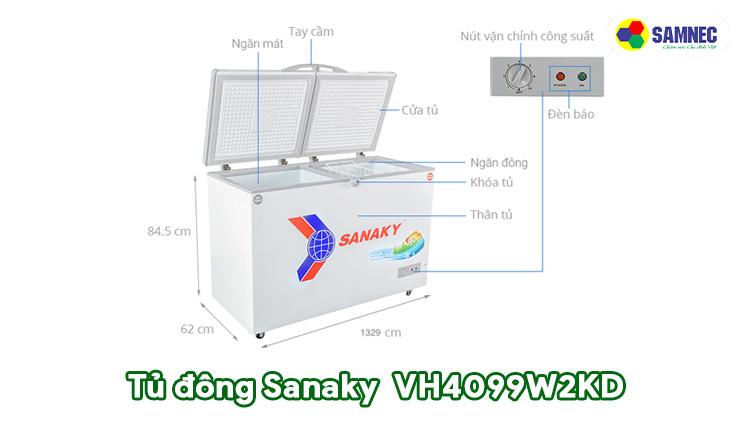 Kích thước tủ đông mát Sanaky 300 lít VH4099W2KD