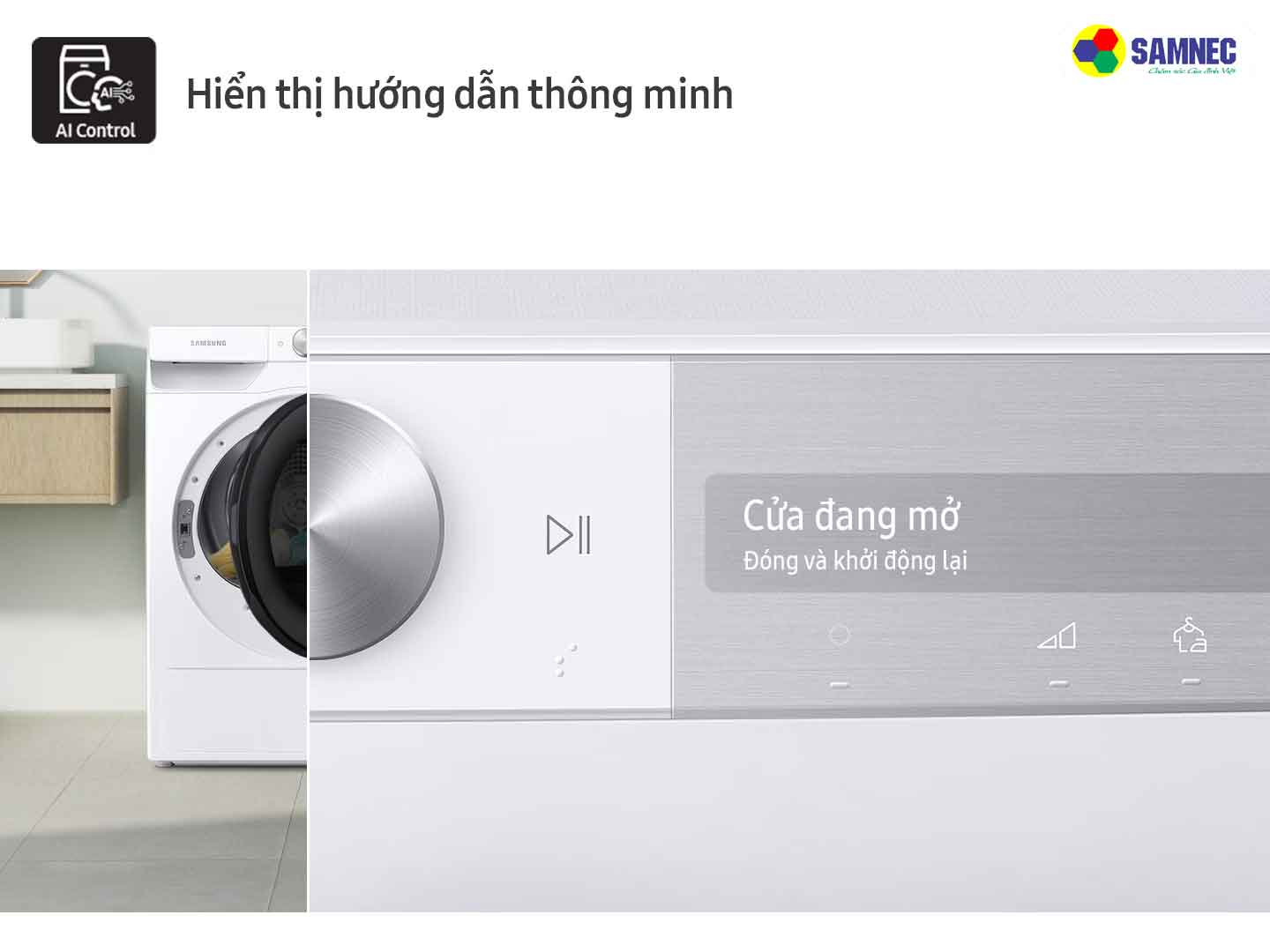 Hiển thị hướng dẫn thông minh trên máy sấy quần áo Samsung Bespoke AI Heatpump DV17B9750CV/SV