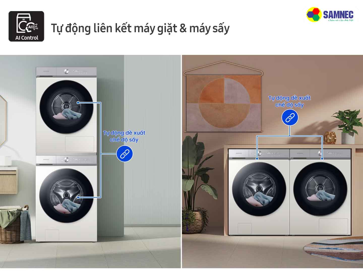 Tự động liên kết máy giặt, máy sấy trên máy sấy quần áo Samsung Bespoke AI Heatpump DV17B9750CV/SV