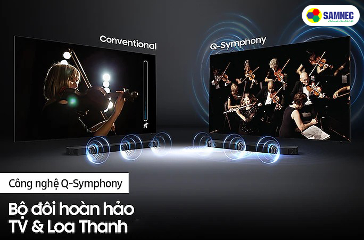 Công nghệ Q-symphony đồng bộ loa thanh với loa tivi Samsung