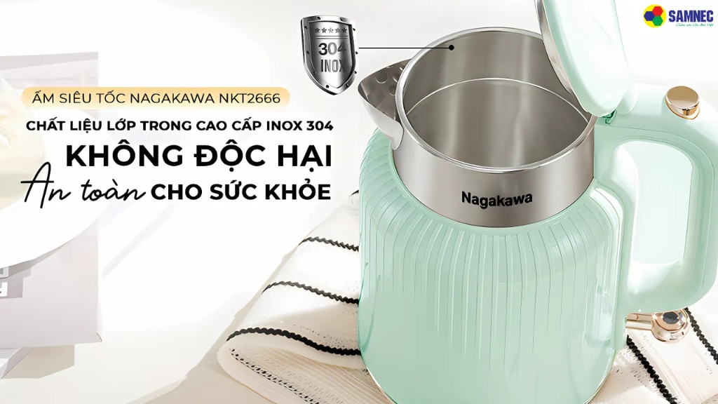 Phần ruột bình siêu tốc làm từ chất liệu inox 304 cao cấp 