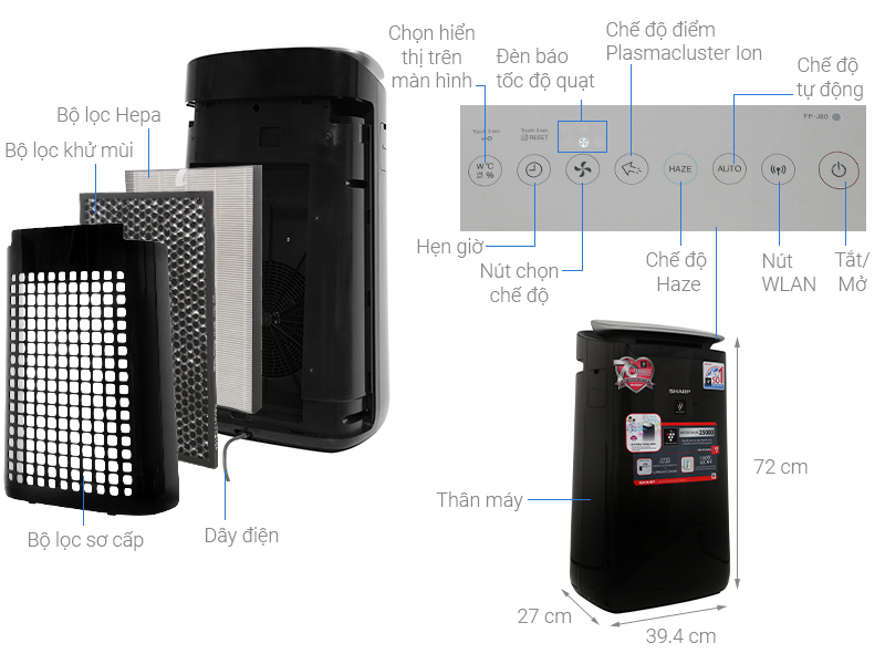 Thông số kỹ thuật Máy lọc không khí Sharp FP-J80EV-H