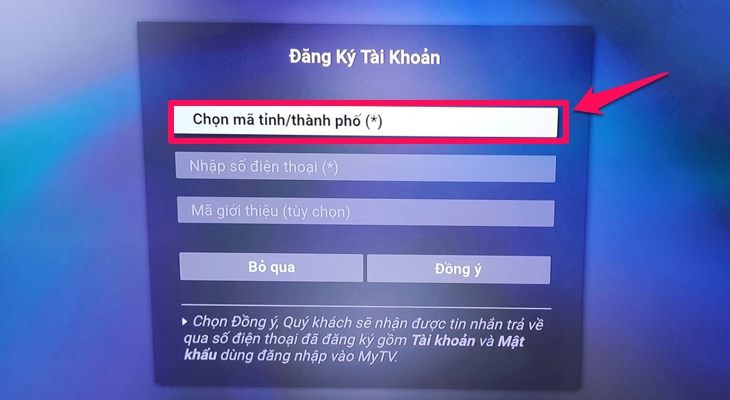 Điền mã tỉnh/thành phố