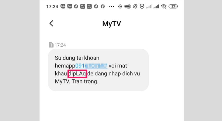 Mật khẩu tài khoản gửi hình thức tin nhắn 