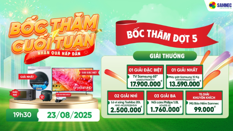 “BỐC THĂM CUỐI TUẦN – NHẬN QUÀ HẤP DẪN” VÀO 23/08/2025 TẠI ĐIỆN MÁY AN PHÁT KIẾN AN